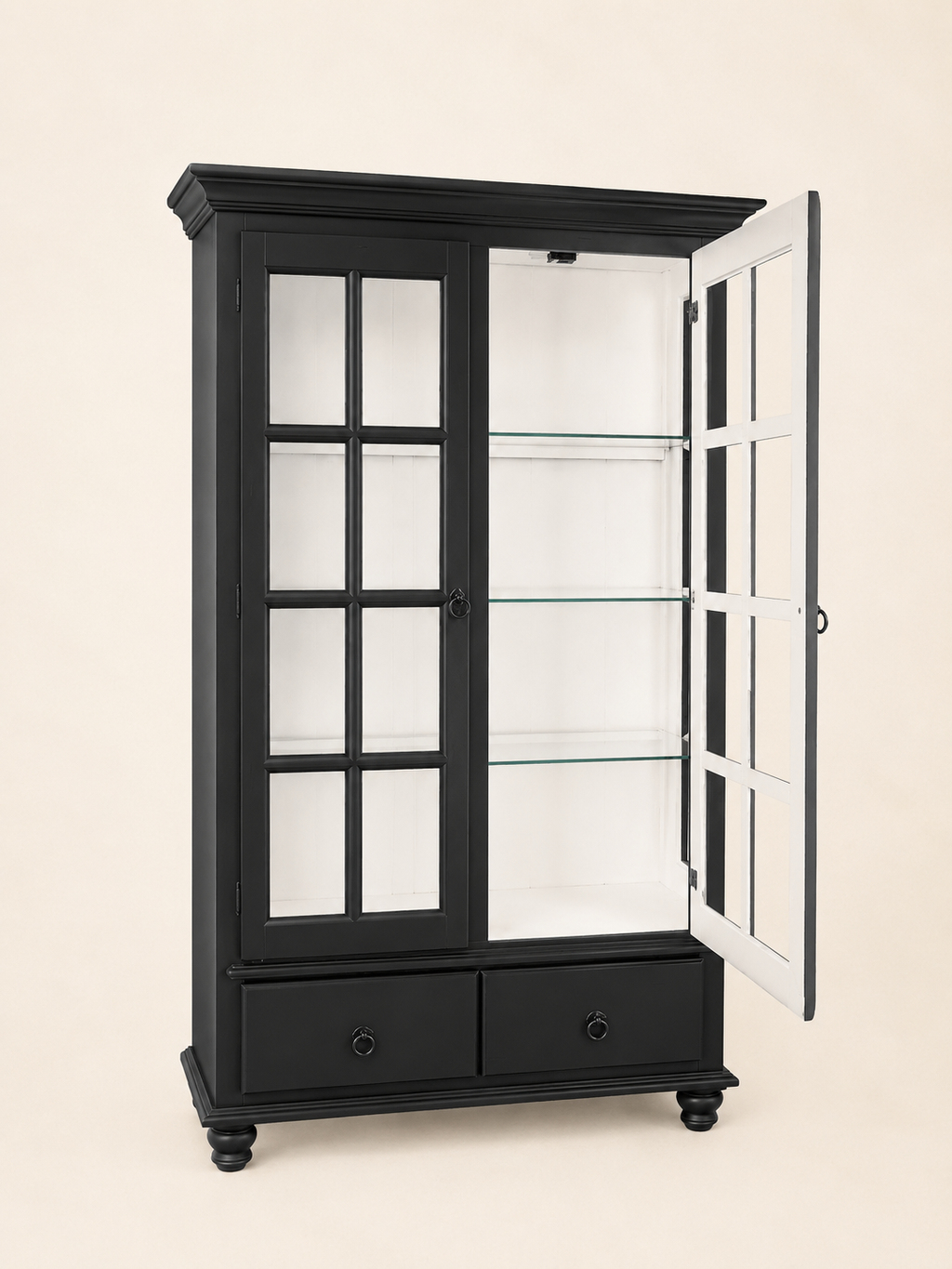 Black Glass Display Cabinet with Drawer | Linen Cupboard Display Cabinet