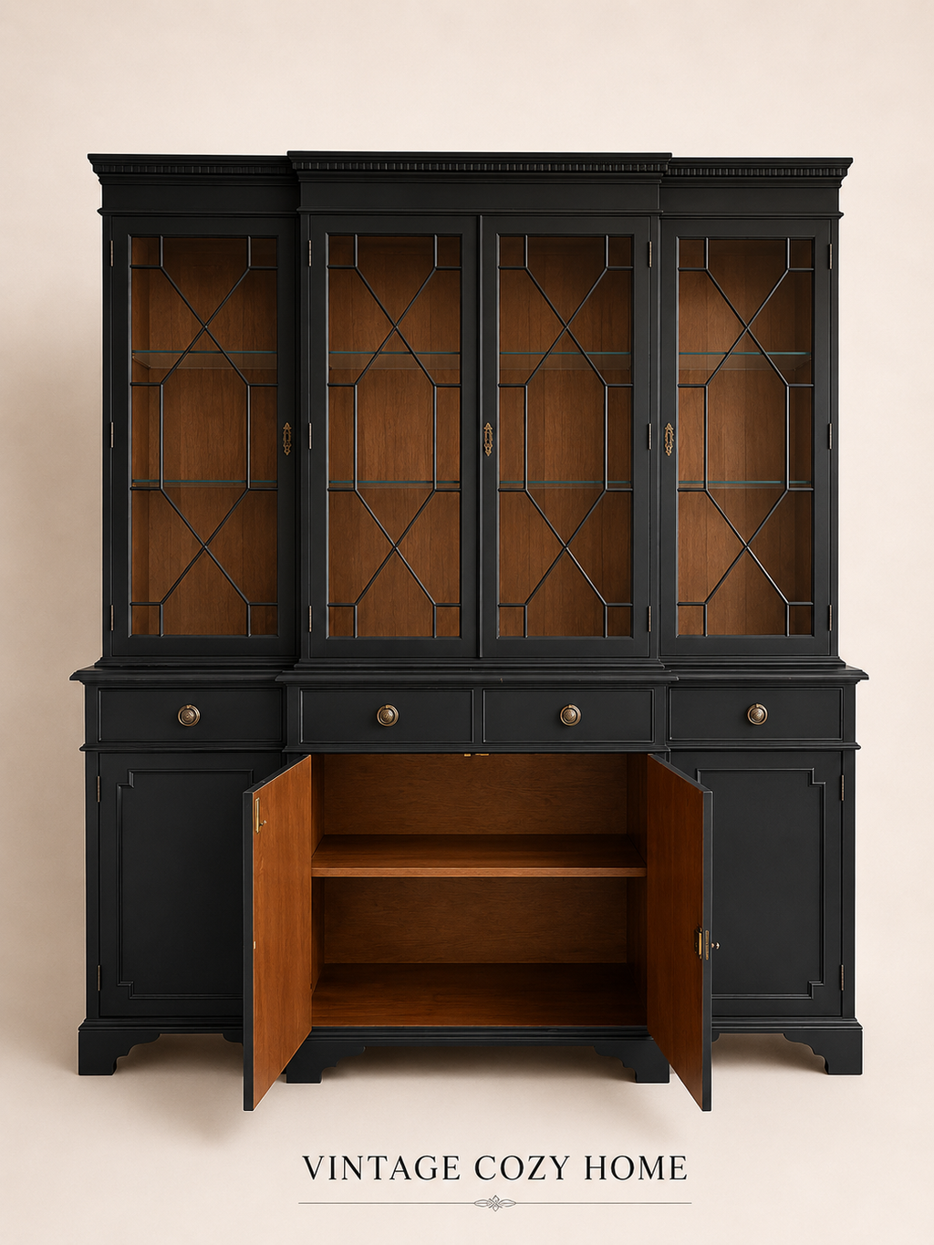 Black Regency Glazed Cabinet, 4 Door 4 Drawer Dresser
