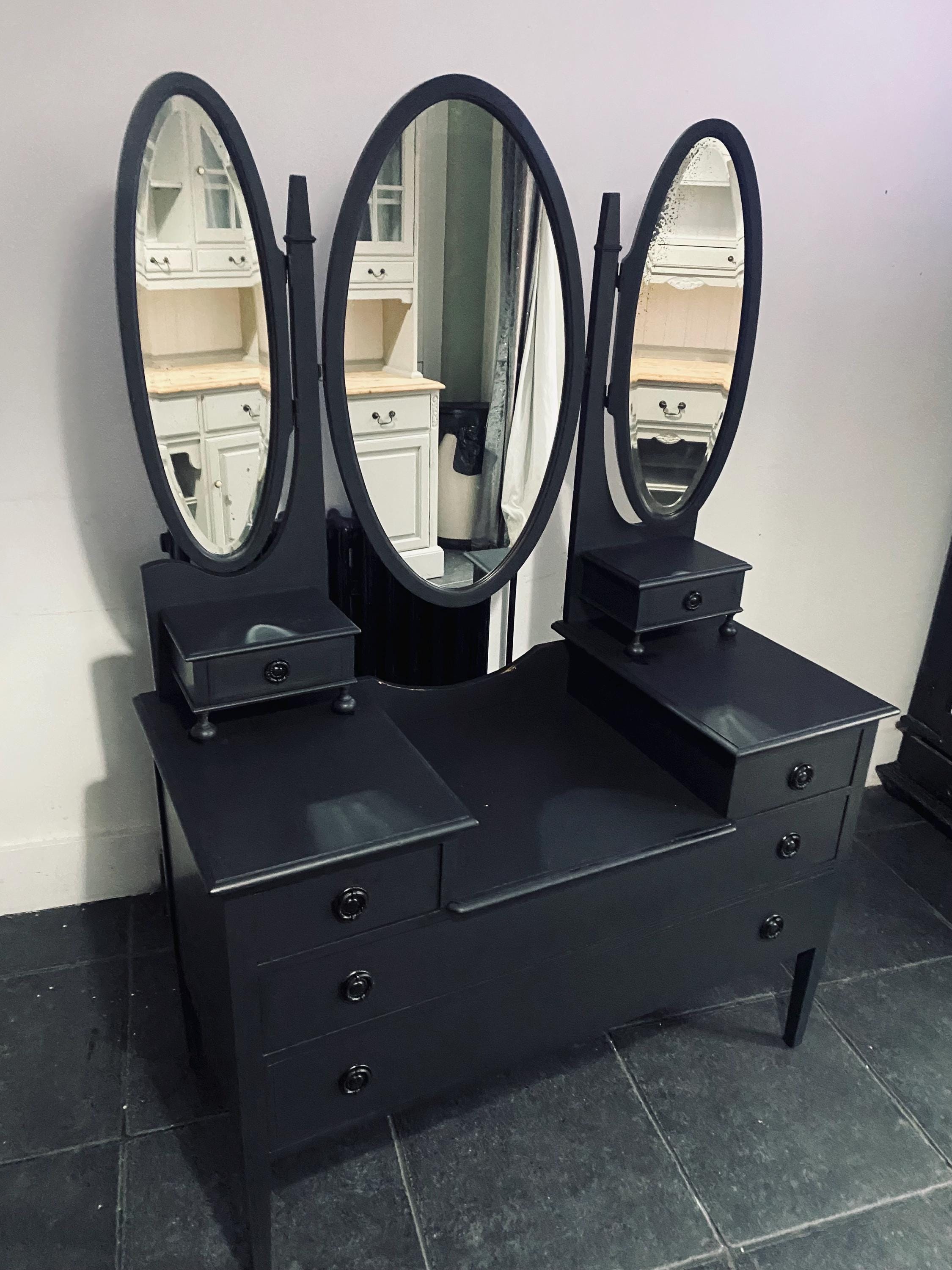 Vintage Black Vanity Dresser with Mirrors – Antique Dressing Table