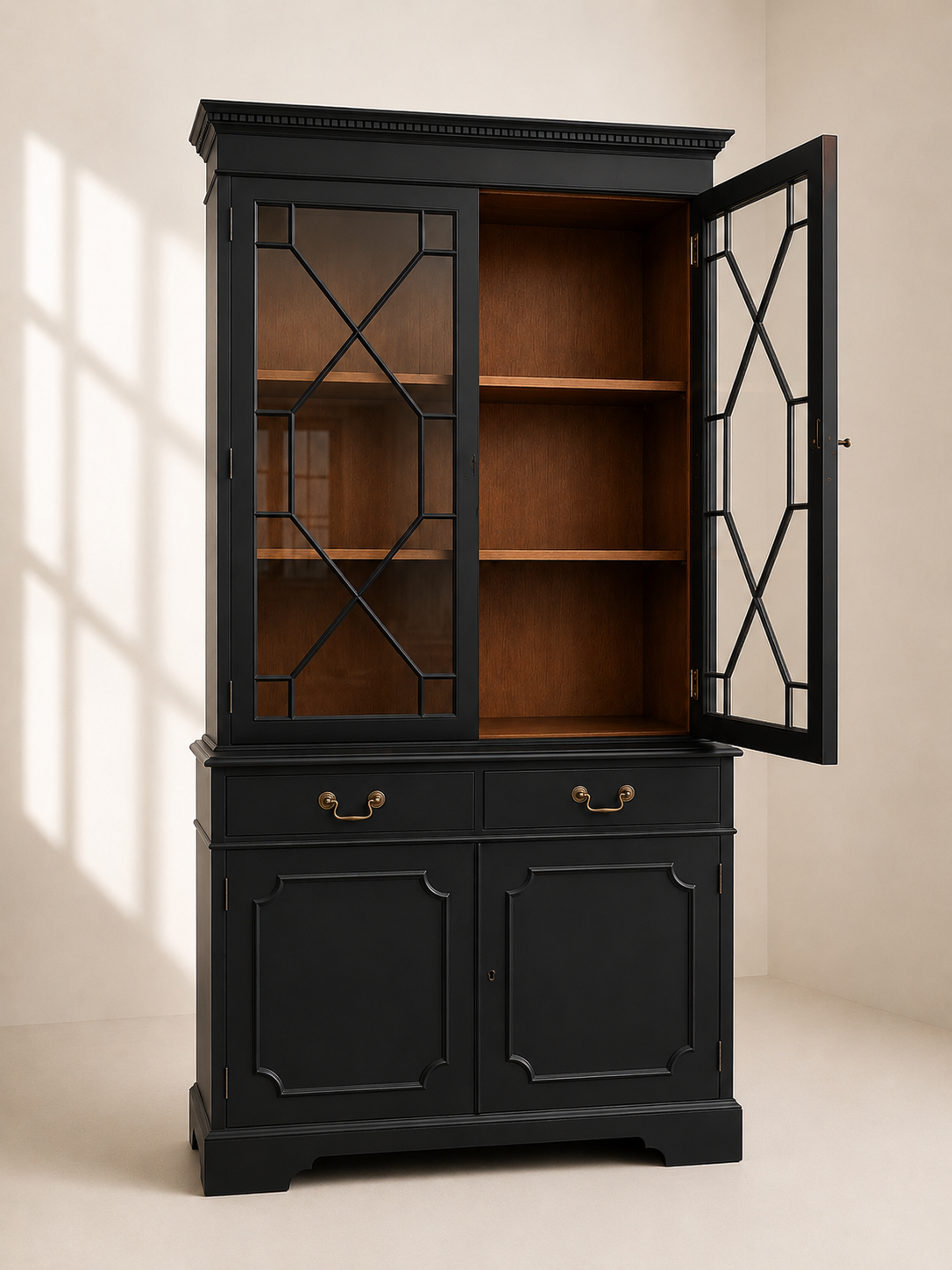 Black Regency Style Display Cabinet | Glass Display Cabinet with Drawers