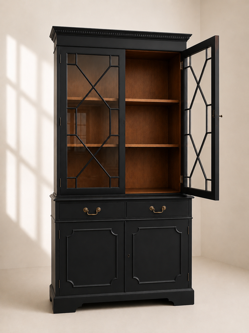 Black Regency Style Display Cabinet | Glass Display Cabinet with Drawers