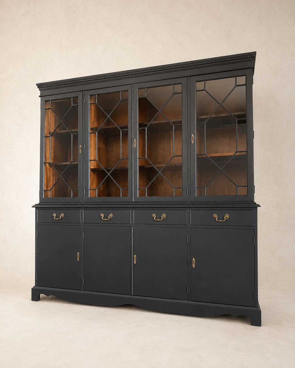 Black Regency Glazed Cabinet, 4 Door 4 Drawer Dresser