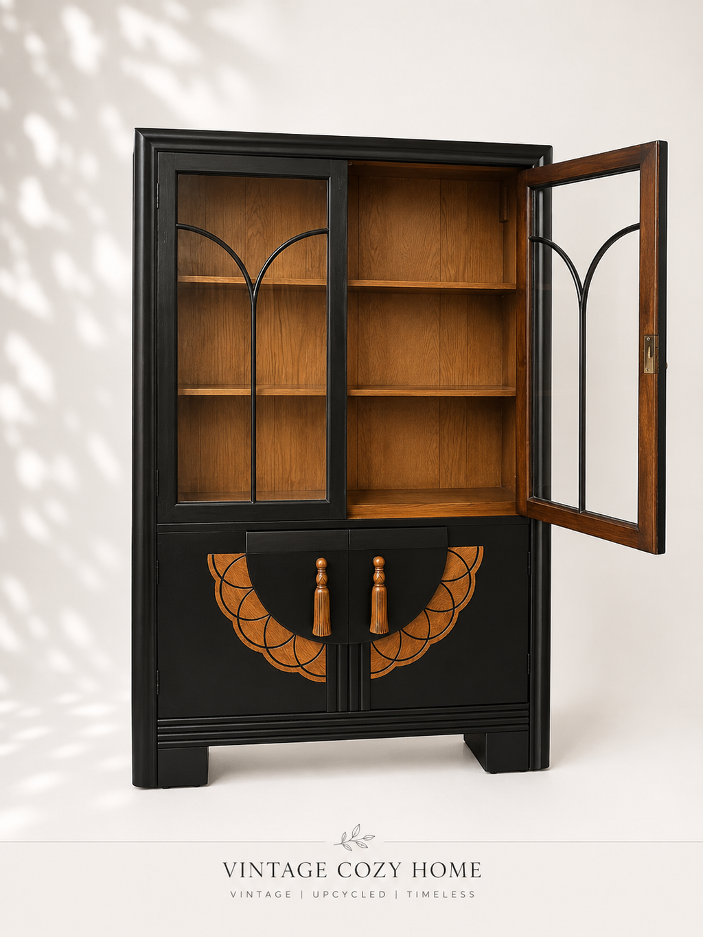 Vintage Art Deco Style Display Cabinet Black Bookcase Glazed Display Cupboard