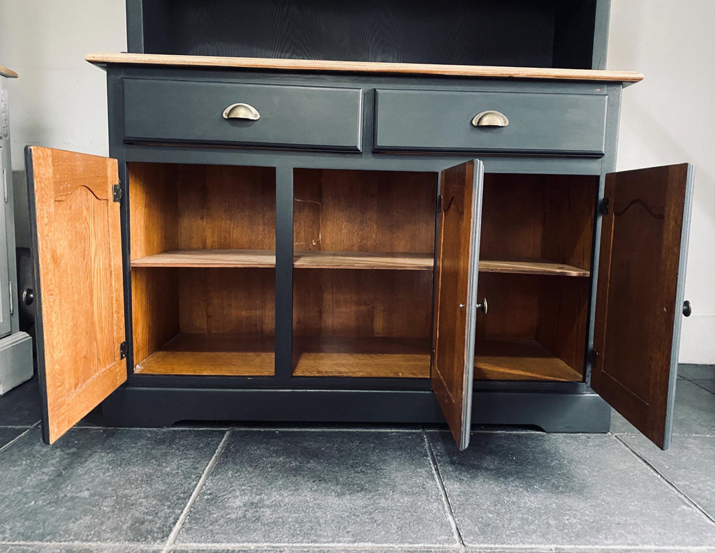 Upcycled Black Glass Display Cabinet, Hand Painted China Cabinet with Natural wood top.