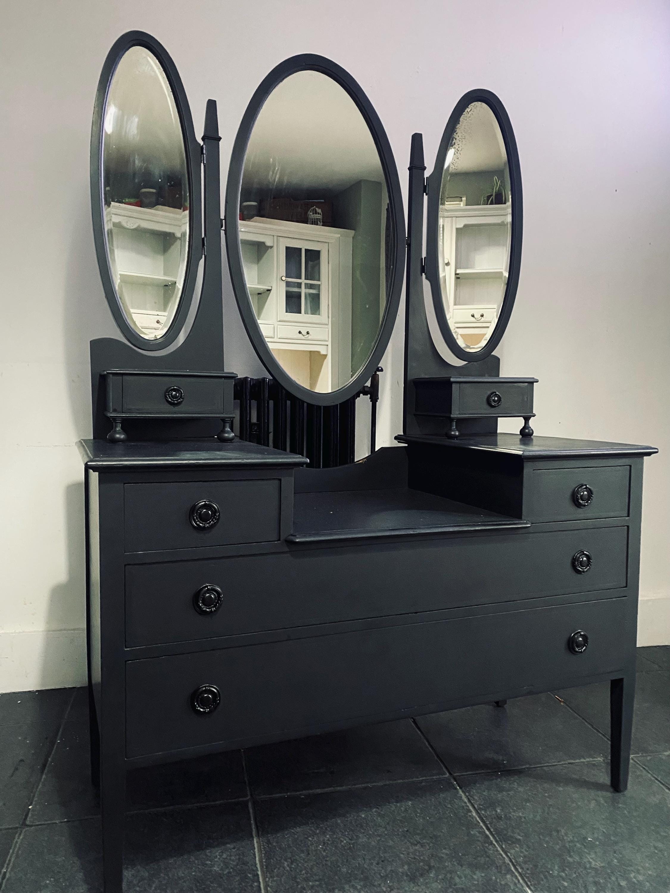 Vintage Black Vanity Dresser with Mirrors – Antique Dressing Table
