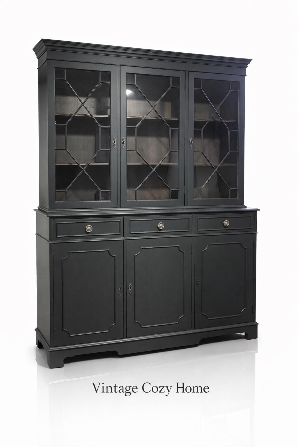 Black Regency Glazed Cabinet, 3 Door 3 Drawer Dresser