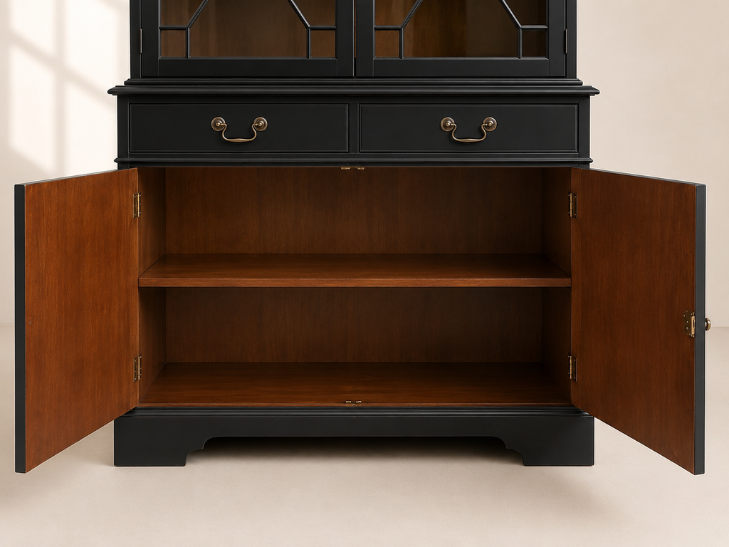 Black Regency Style Display Cabinet | Glass Display Cabinet with Drawers