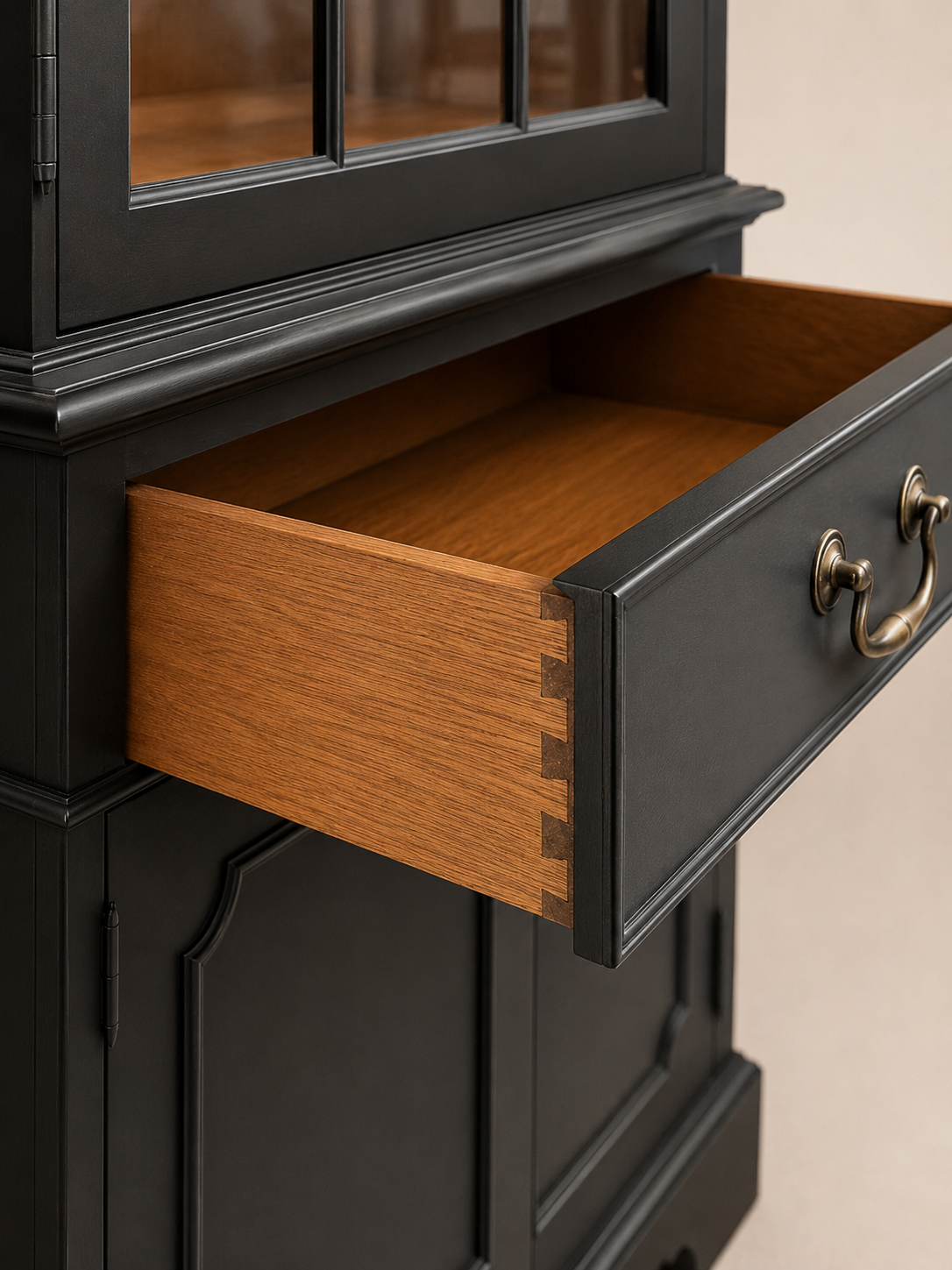 Black Regency Style Display Cabinet | Glass Display Cabinet with Drawers