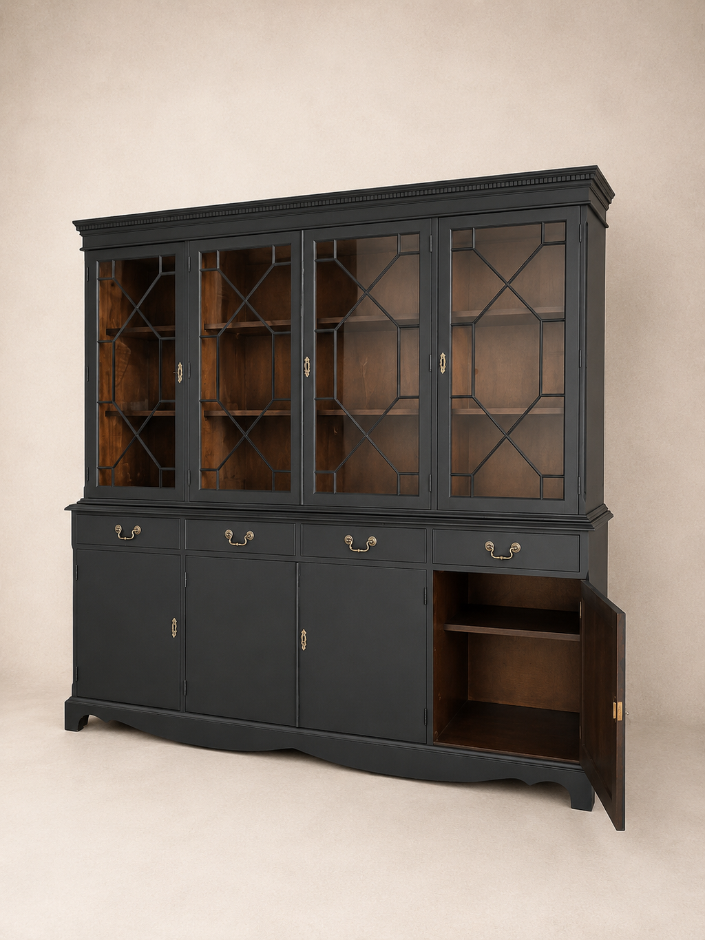 Black Regency Glazed Cabinet, 4 Door 4 Drawer Dresser
