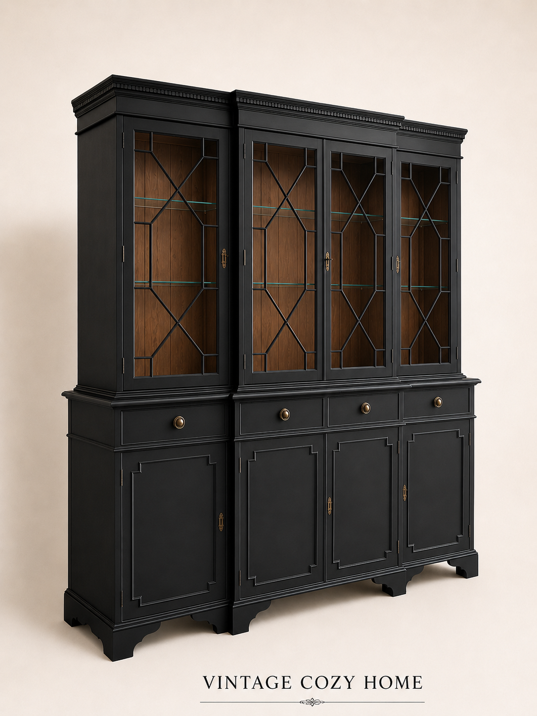 Black Regency Glazed Cabinet, 4 Door 4 Drawer Dresser