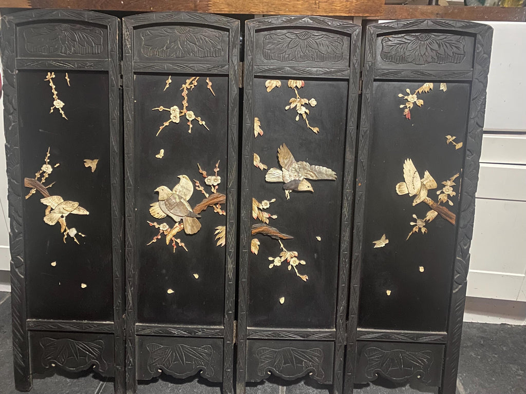 Antique 4 Panel Black Lacquered Mother Of pearl Carved Fire Screen Table Top
