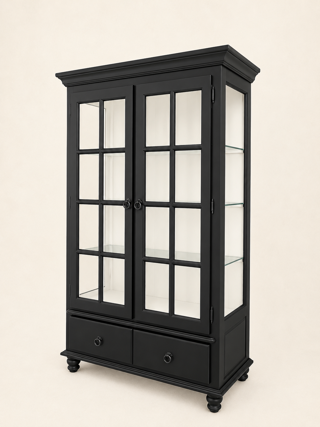 Black Glass Display Cabinet with Drawer | Linen Cupboard Display Cabinet