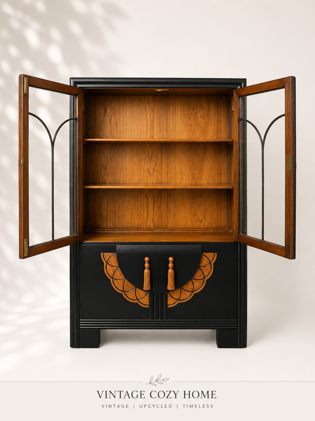 Vintage Art Deco Style Display Cabinet Black Bookcase Glazed Display Cupboard
