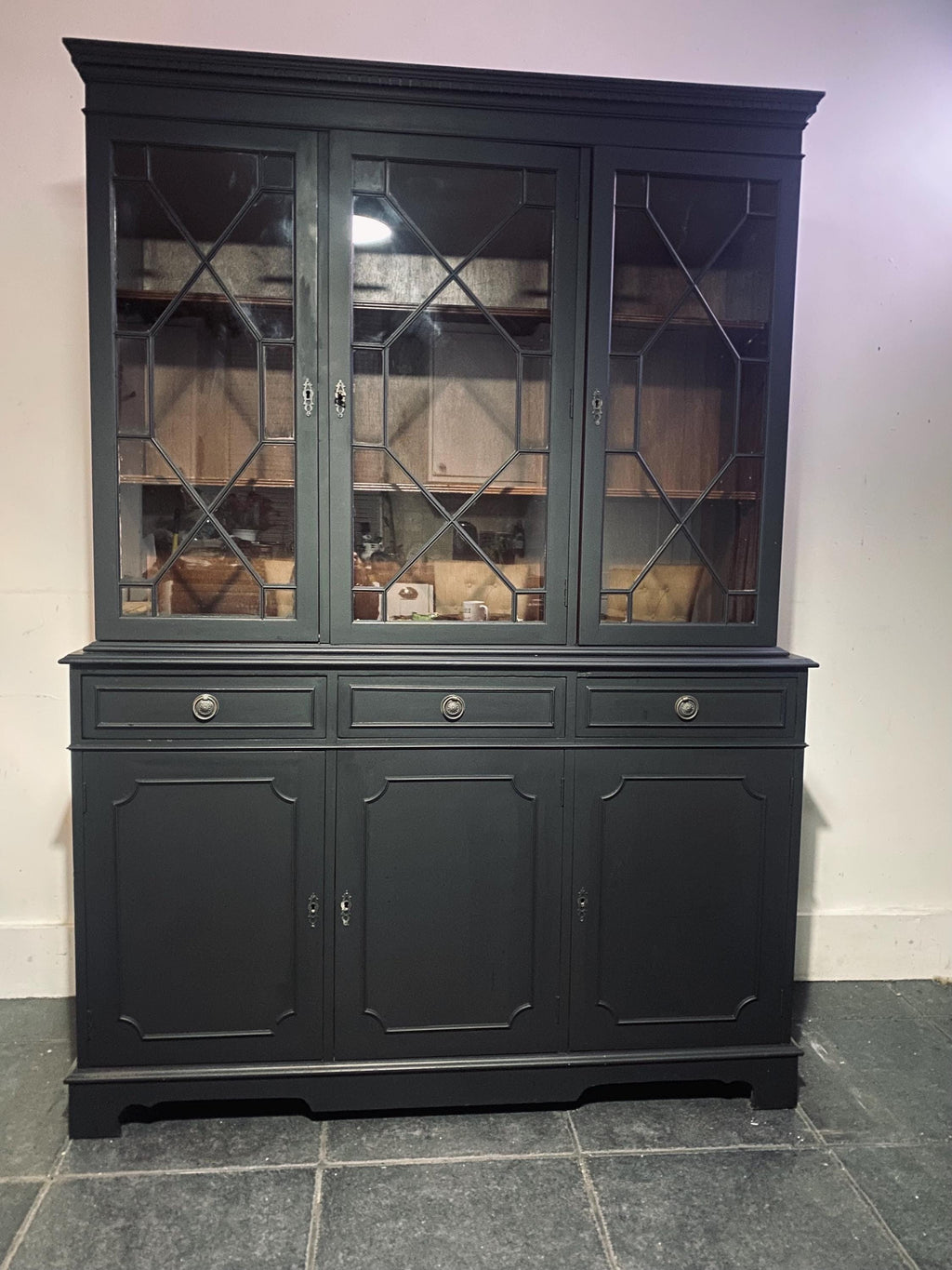 Black Regency Glazed Cabinet, 3 Door 3 Drawer Dresser