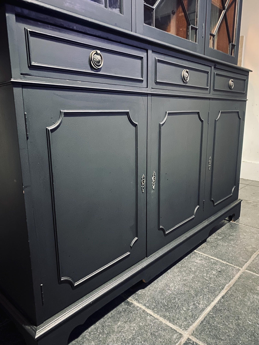 Black Regency Glazed Cabinet, 3 Door 3 Drawer Dresser