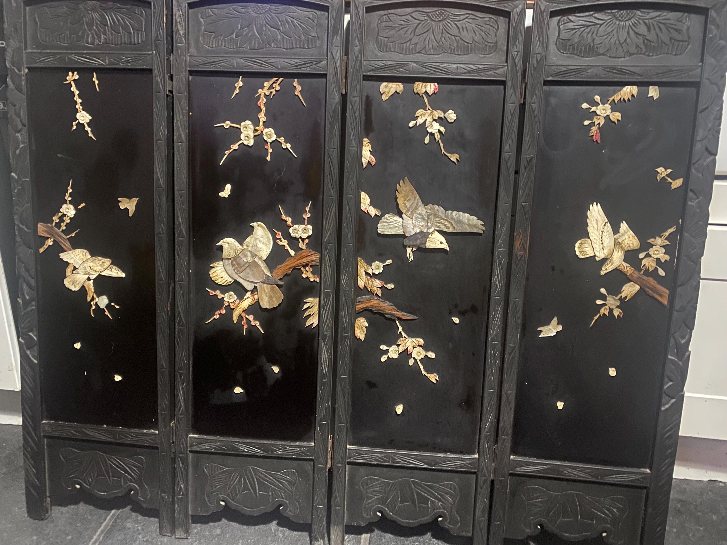 Antique 4 Panel Black Lacquered Mother Of pearl Carved Fire Screen Table Top