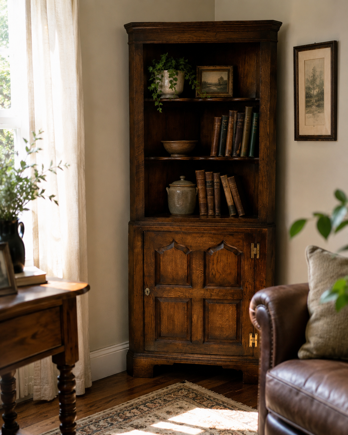 TITCHMARSH AND GOODWIN Oak Corner Cabinet / Shelving / Display / Cupboard