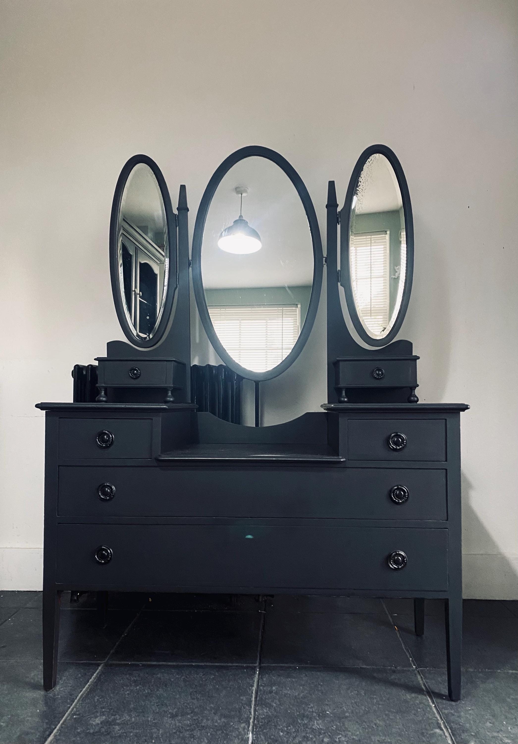 Vintage Black Vanity Dresser with Mirrors – Antique Dressing Table