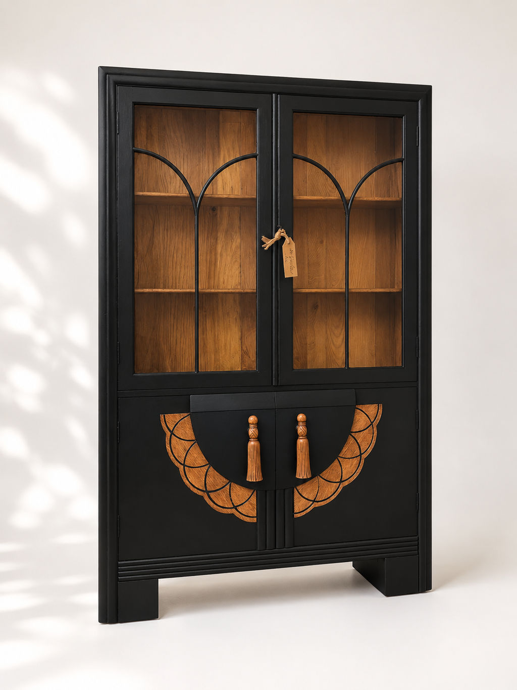 Vintage Art Deco Style Display Cabinet Black Bookcase Glazed Display Cupboard