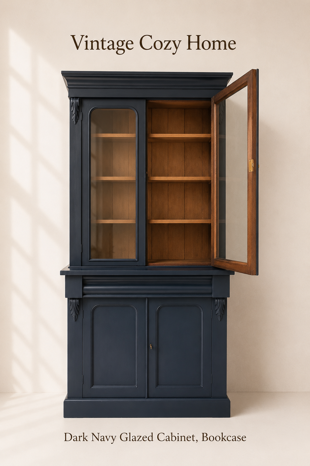 Upcycled Statement Blue Vintage carved glass fronted cabinet bookcase