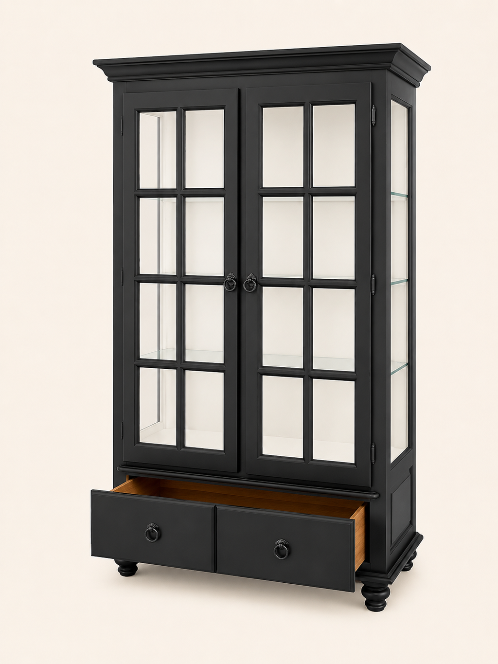 Black Glass Display Cabinet with Drawer | Linen Cupboard Display Cabinet