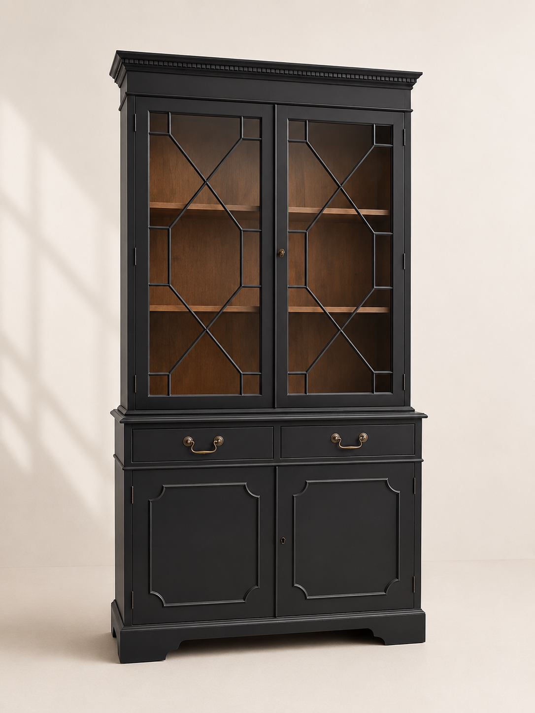 Black Regency Style Display Cabinet | Glass Display Cabinet with Drawers