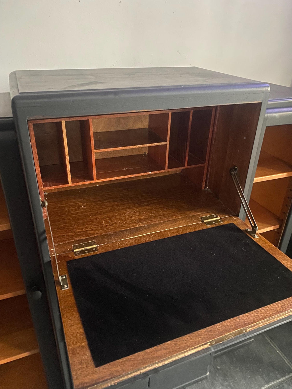 Vintage Black Secretaire Cabinet with integrated side cabinets glass fronted bookcases.