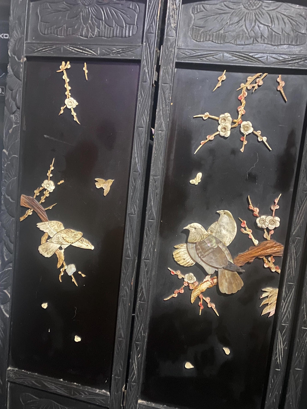 Antique 4 Panel Black Lacquered Mother Of pearl Carved Fire Screen Table Top