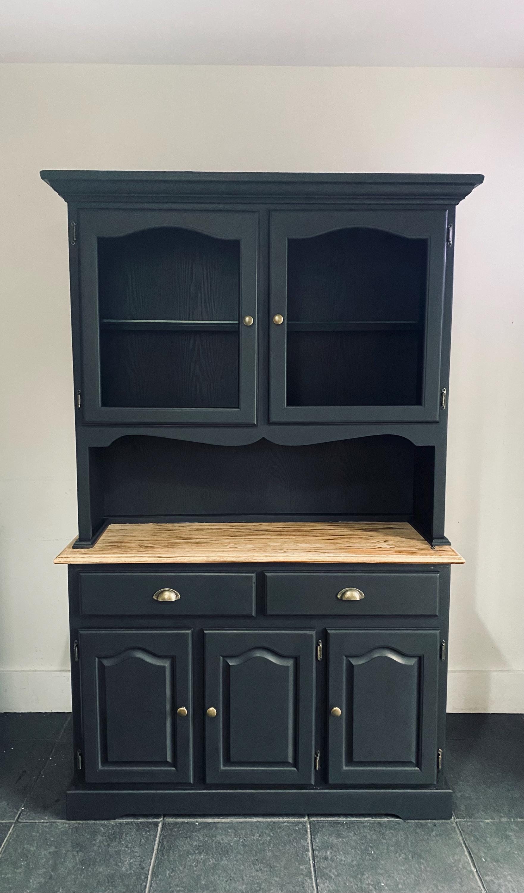 Upcycled Black Glass Display Cabinet, Hand Painted China Cabinet with Natural wood top.