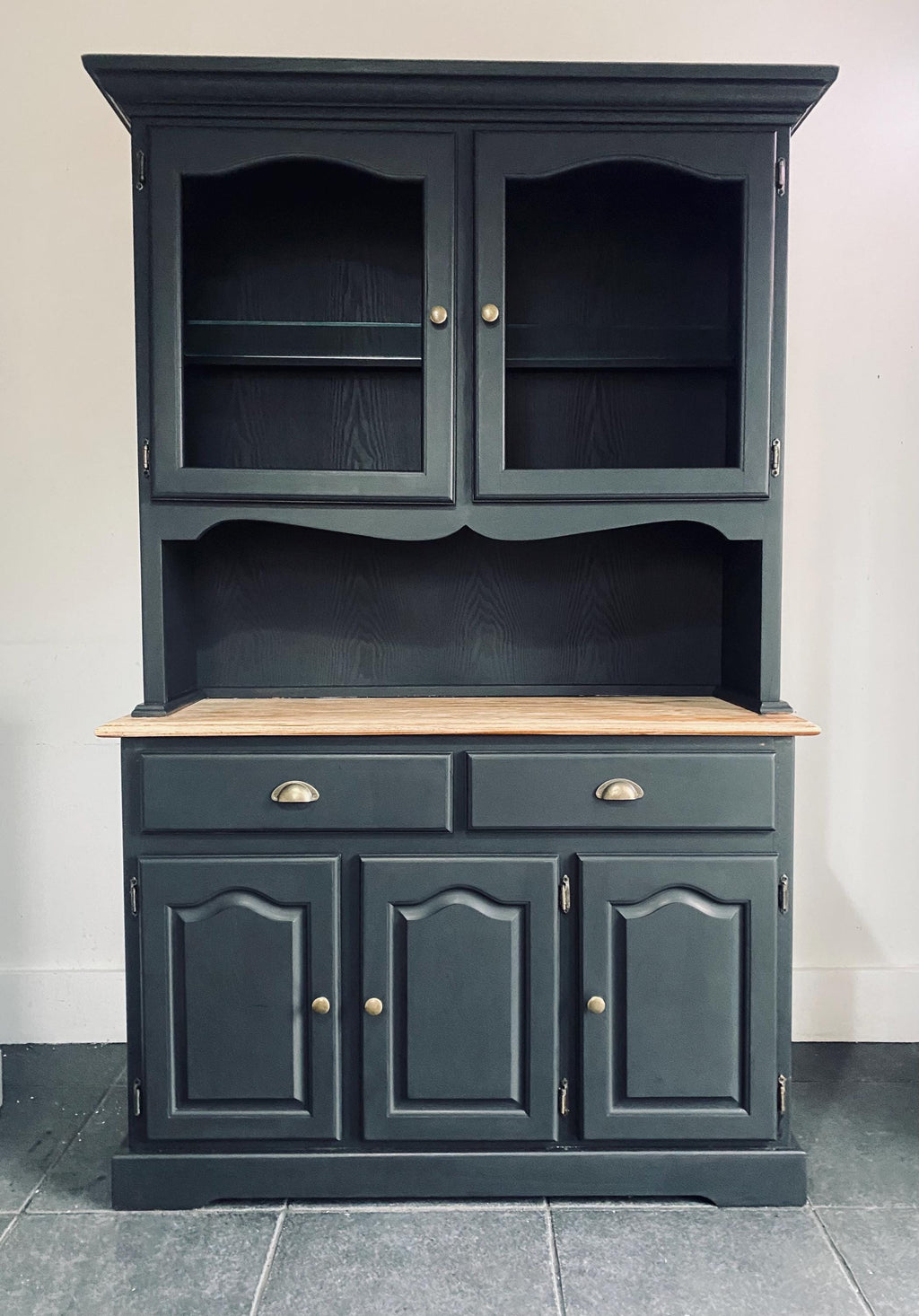 Upcycled Black Glass Display Cabinet, Hand Painted China Cabinet with Natural wood top.