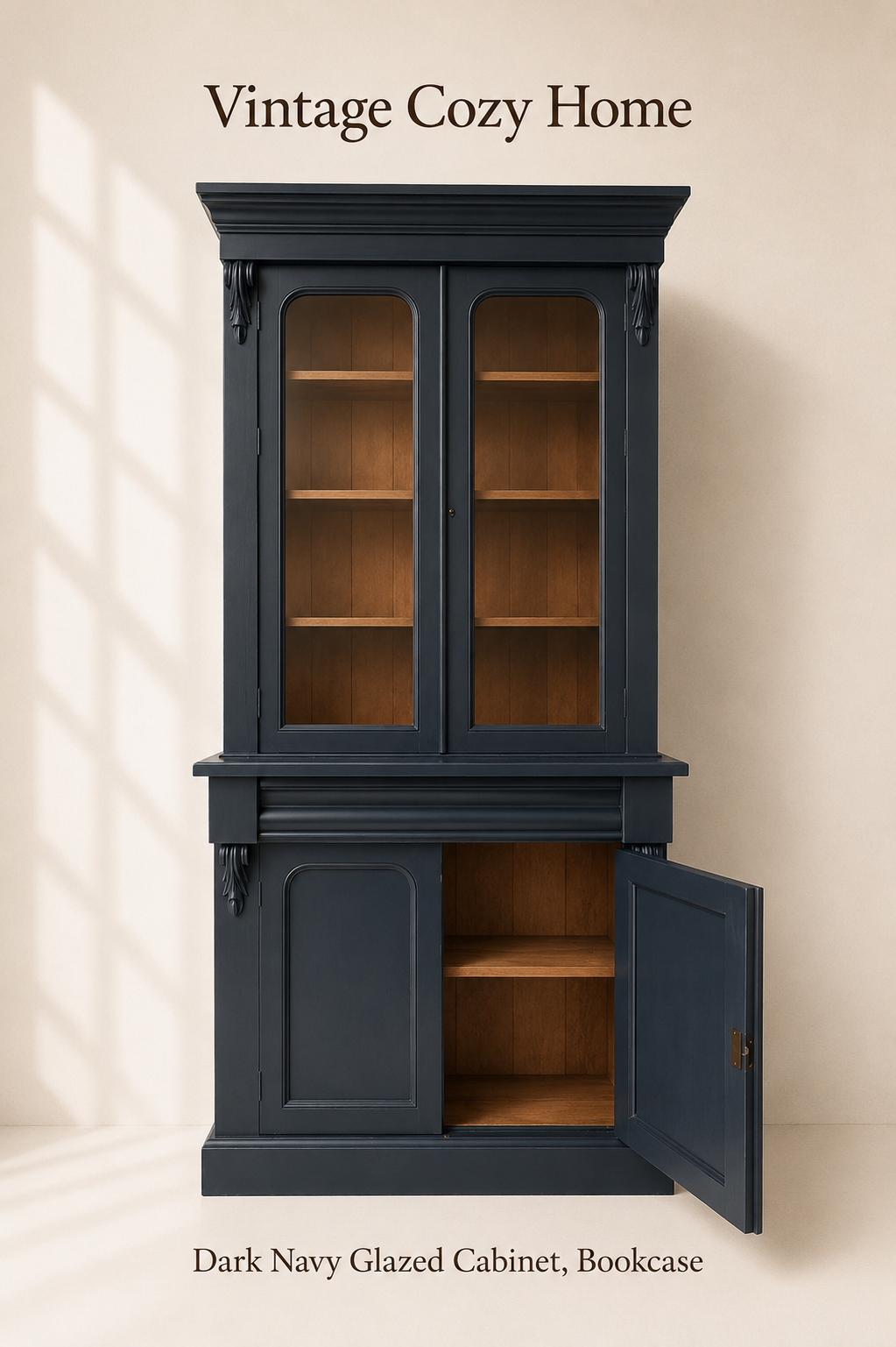 Upcycled Statement Blue Vintage carved glass fronted cabinet bookcase