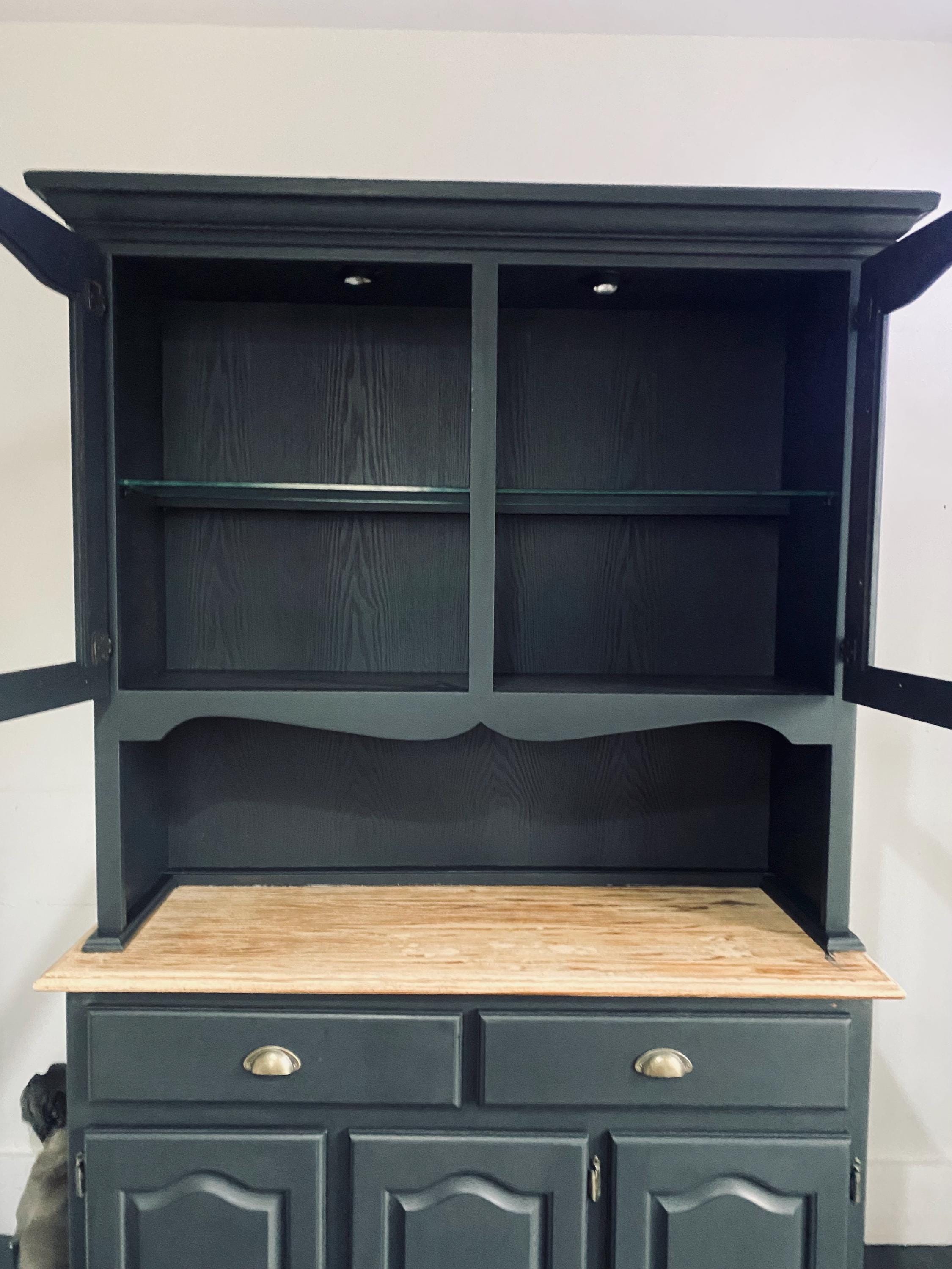 Upcycled Black Glass Display Cabinet, Hand Painted China Cabinet with Natural wood top.