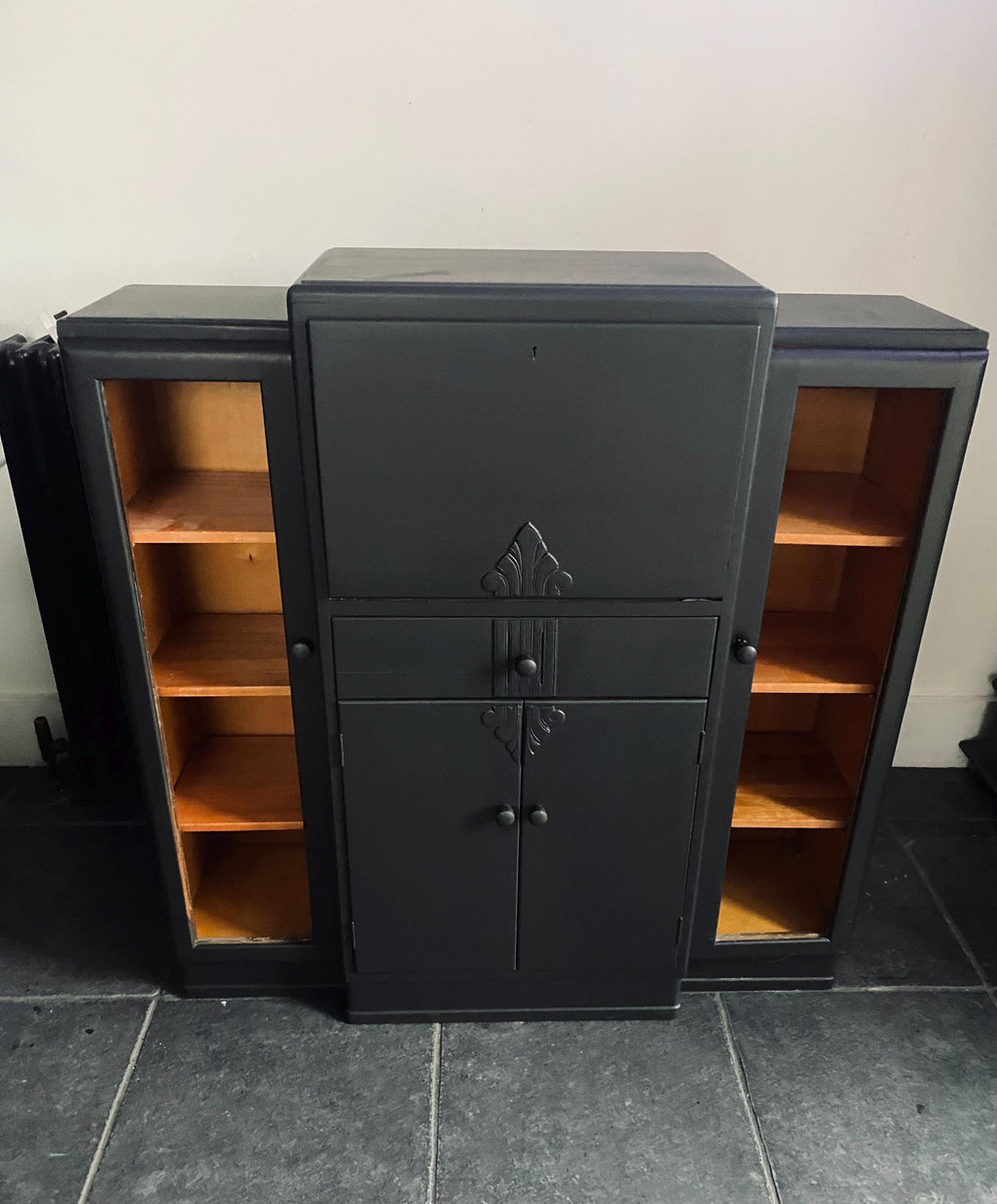 Vintage Black Secretaire Cabinet with integrated side cabinets glass fronted bookcases.