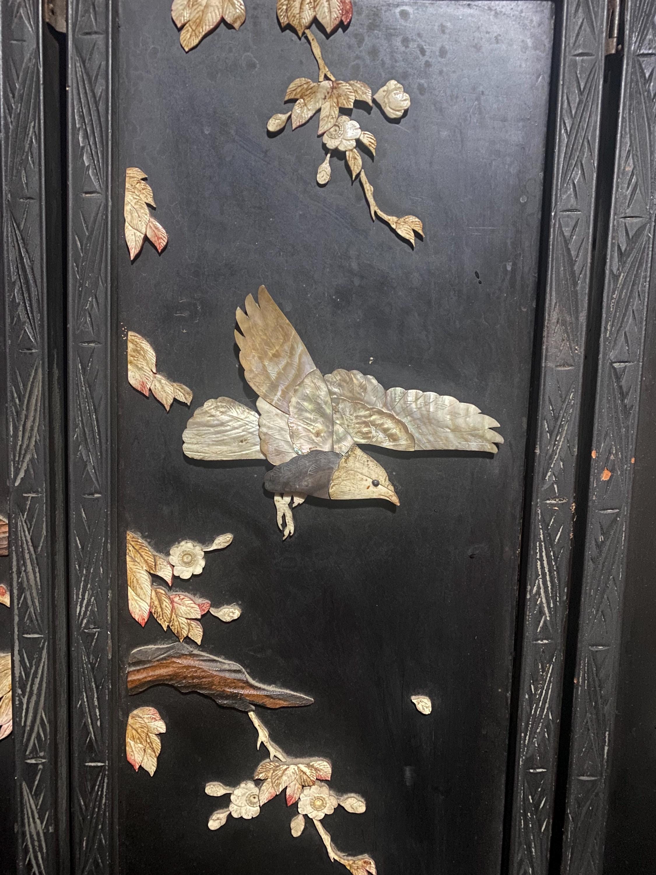 Antique 4 Panel Black Lacquered Mother Of pearl Carved Fire Screen Table Top