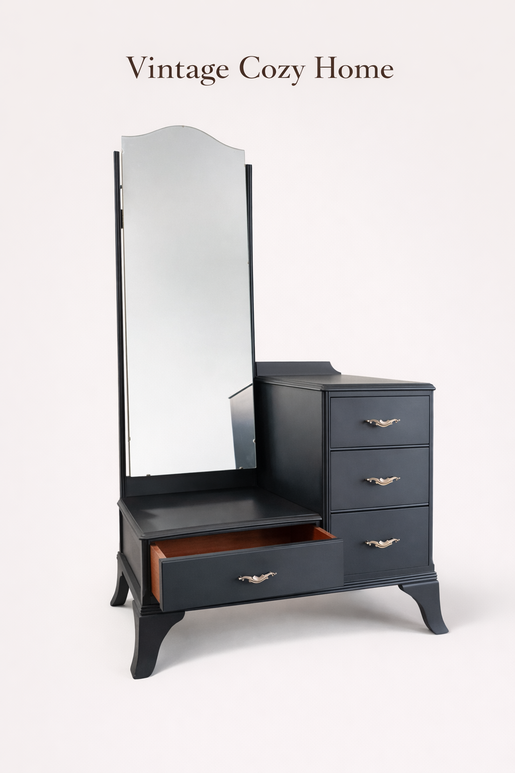 Vintage Black Drawer Set with Mirror, Elegant dressing table, Antique Bedroom Furniture