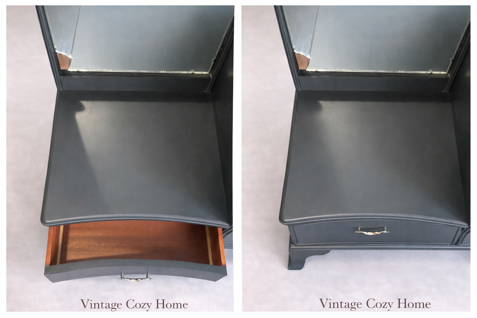 Vintage Black Drawer Set with Mirror, Elegant dressing table, Antique Bedroom Furniture