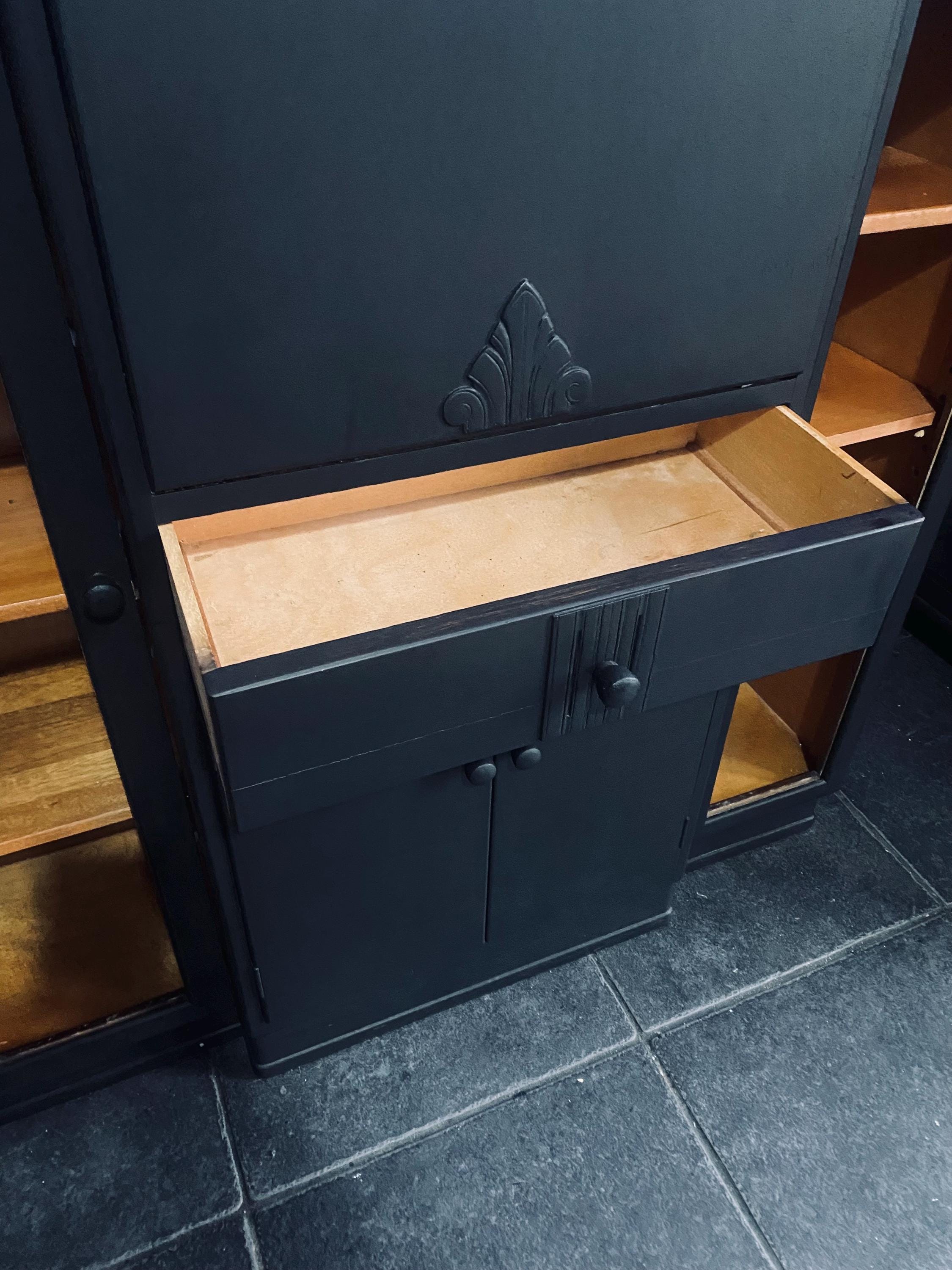 Vintage Black Secretaire Cabinet with integrated side cabinets glass fronted bookcases.