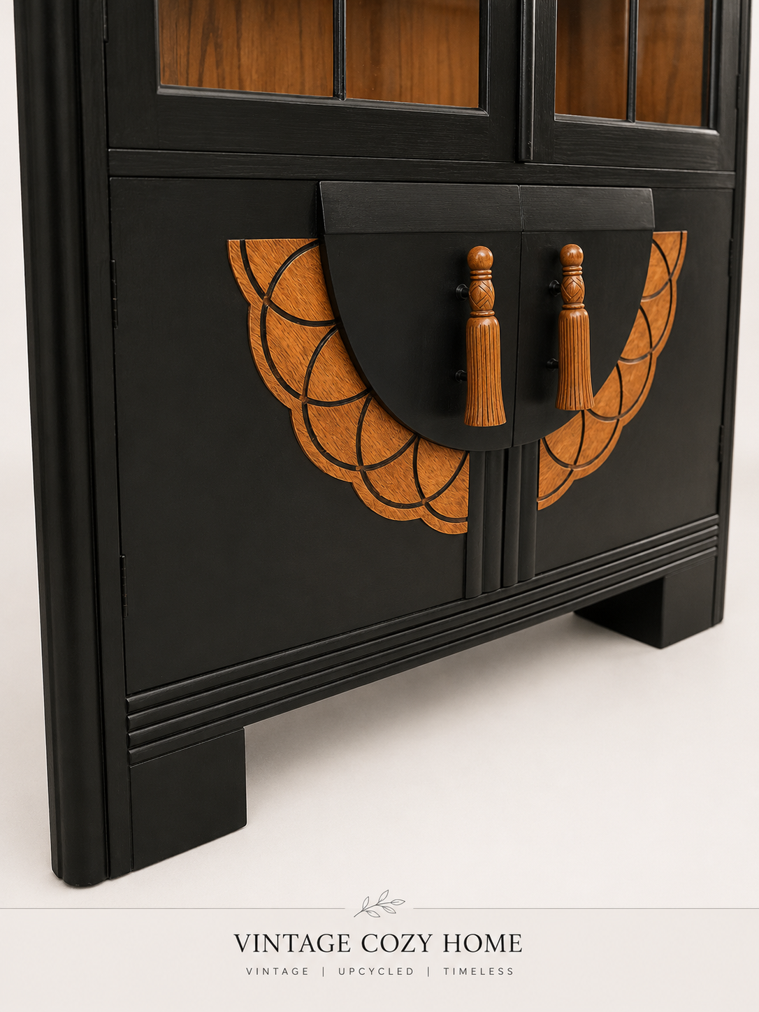 Vintage Art Deco Style Display Cabinet Black Bookcase Glazed Display Cupboard