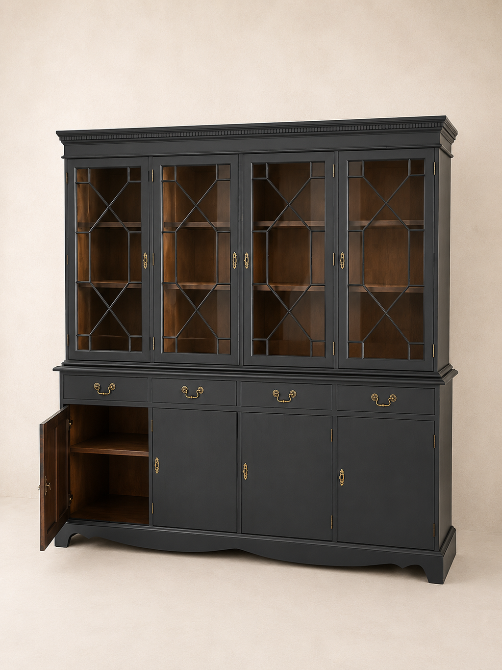 Black Regency Glazed Cabinet, 4 Door 4 Drawer Dresser