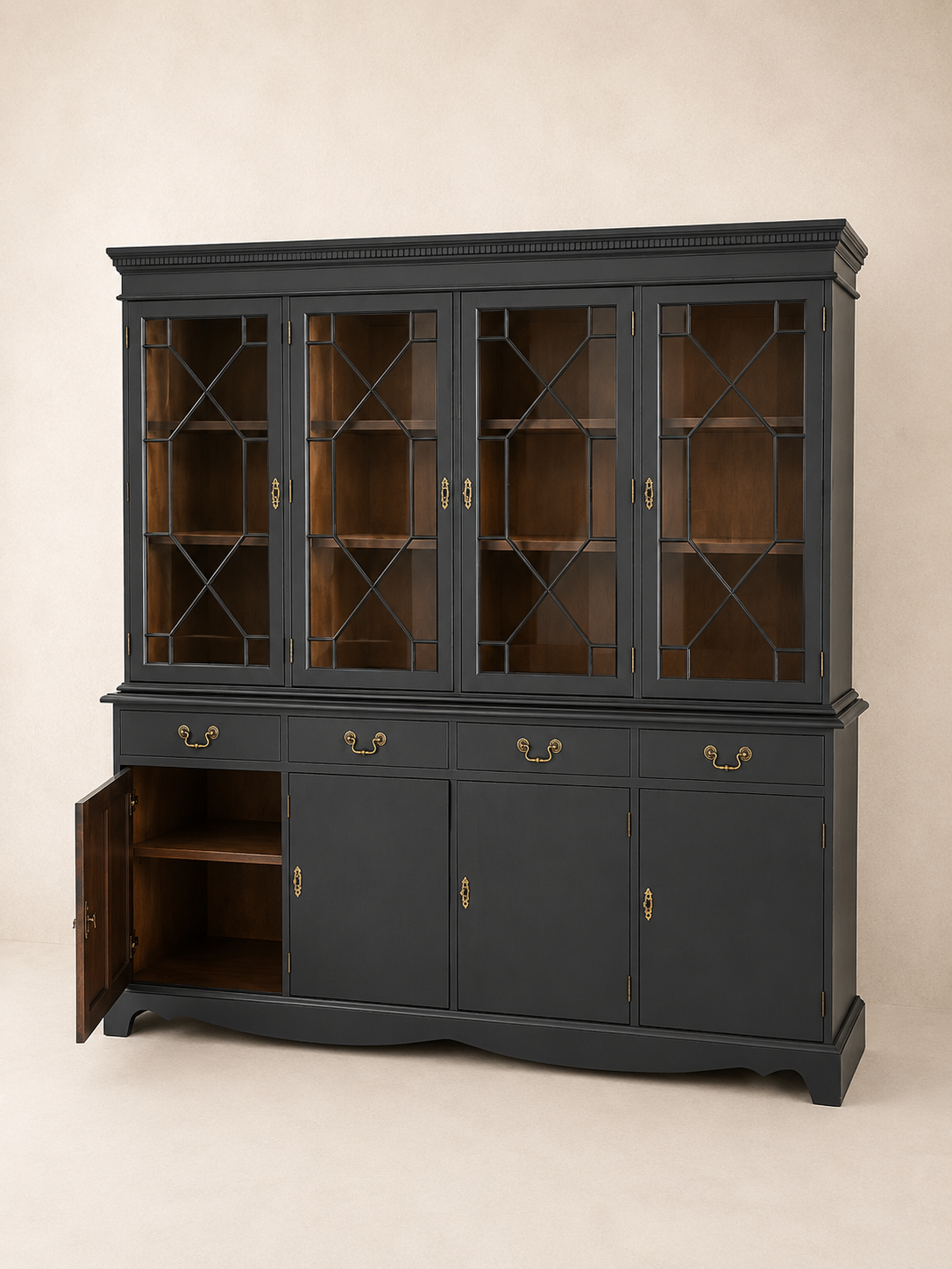Black Regency Glazed Cabinet, 4 Door 4 Drawer Dresser