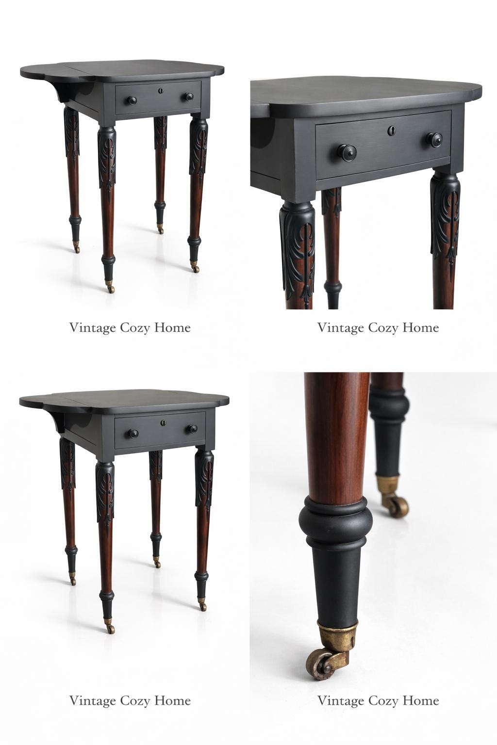 Elegant Antique  Black  Ornate Carved Table with antique casters.