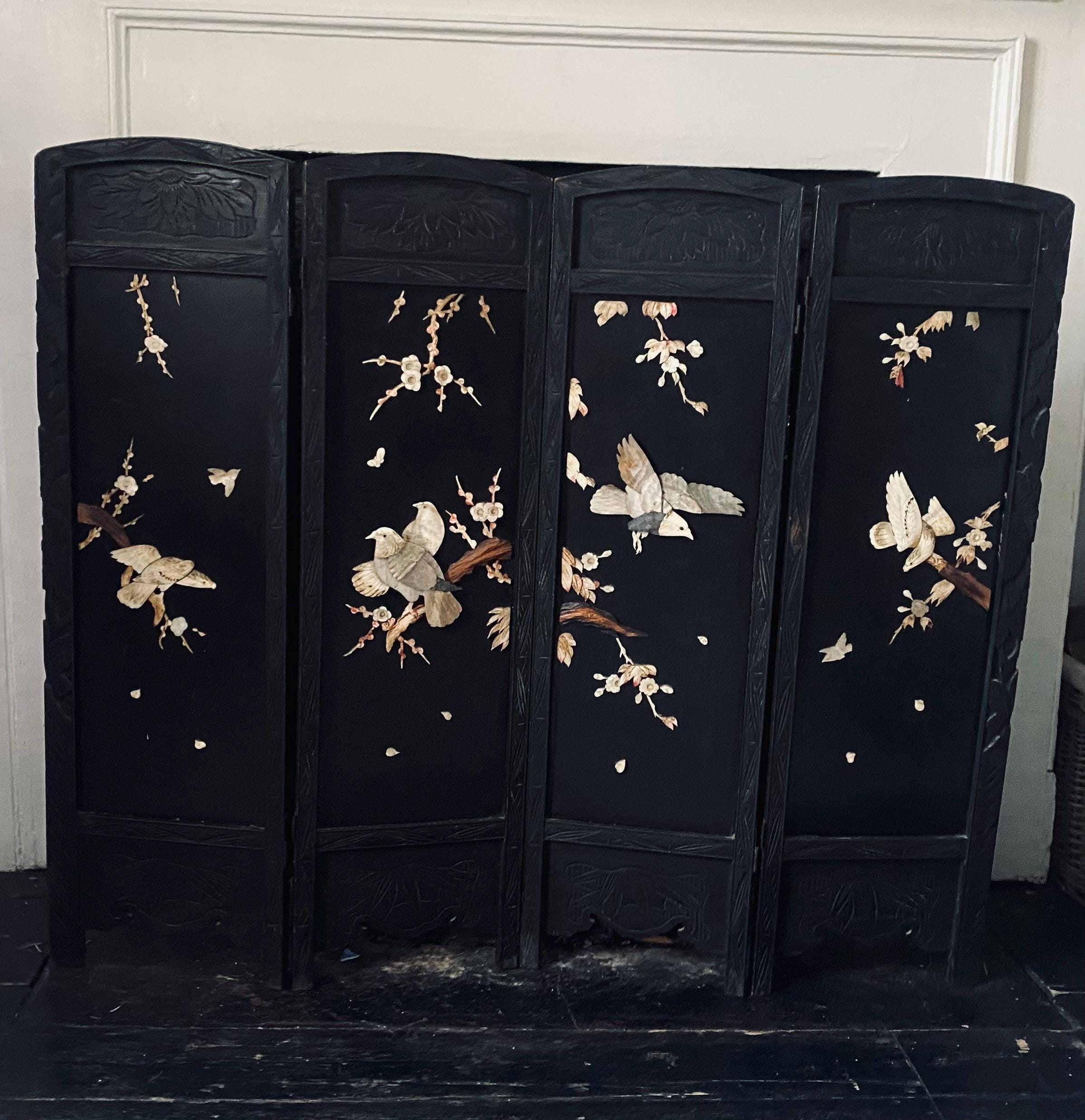 Antique 4 Panel Black Lacquered Mother Of pearl Carved Fire Screen Table Top