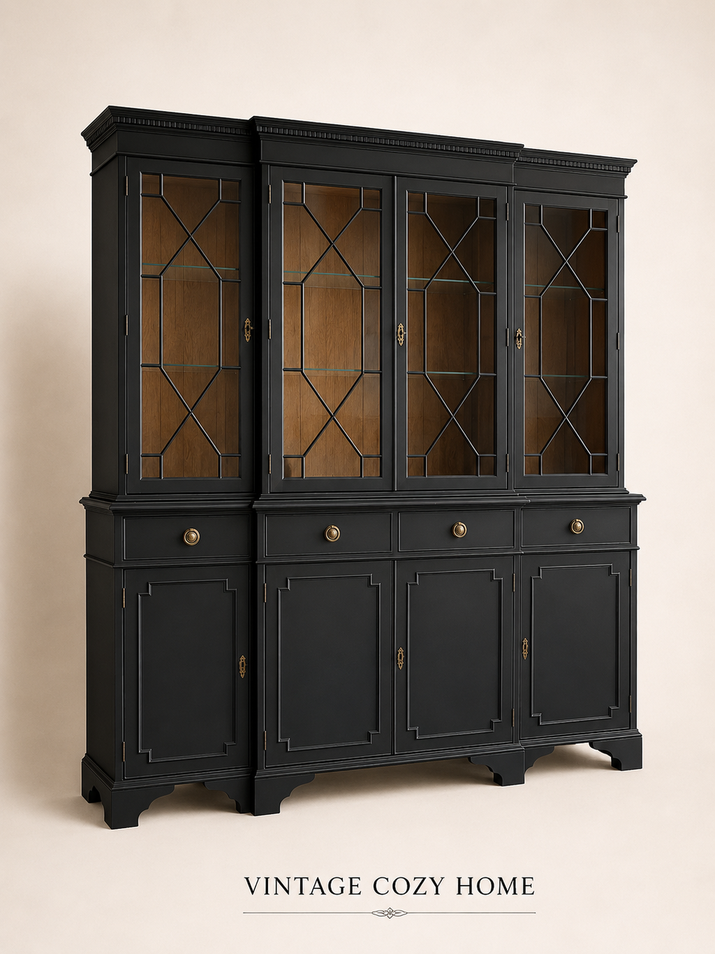 Black Regency Glazed Cabinet, 4 Door 4 Drawer Dresser