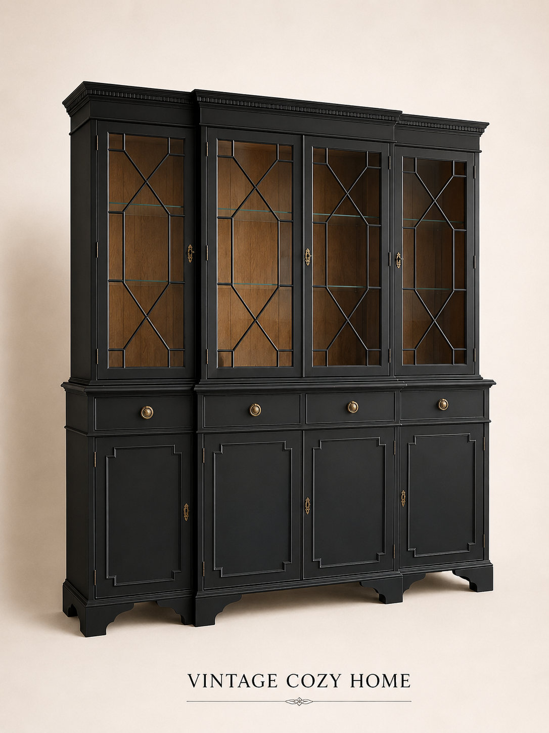 Black Regency Glazed Cabinet, 4 Door 4 Drawer Dresser