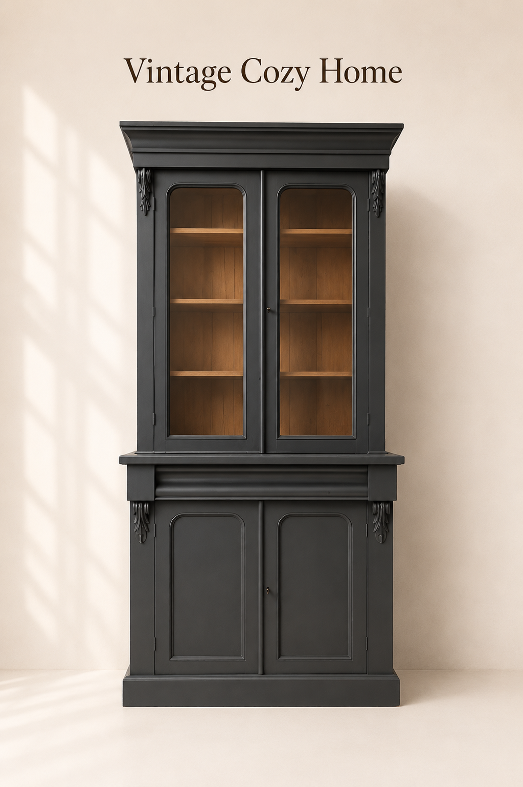 Upcycled Statement Blue Vintage carved glass fronted cabinet bookcase