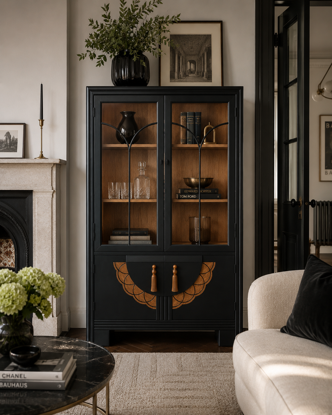Vintage Art Deco Style Display Cabinet Black Bookcase Glazed Display Cupboard