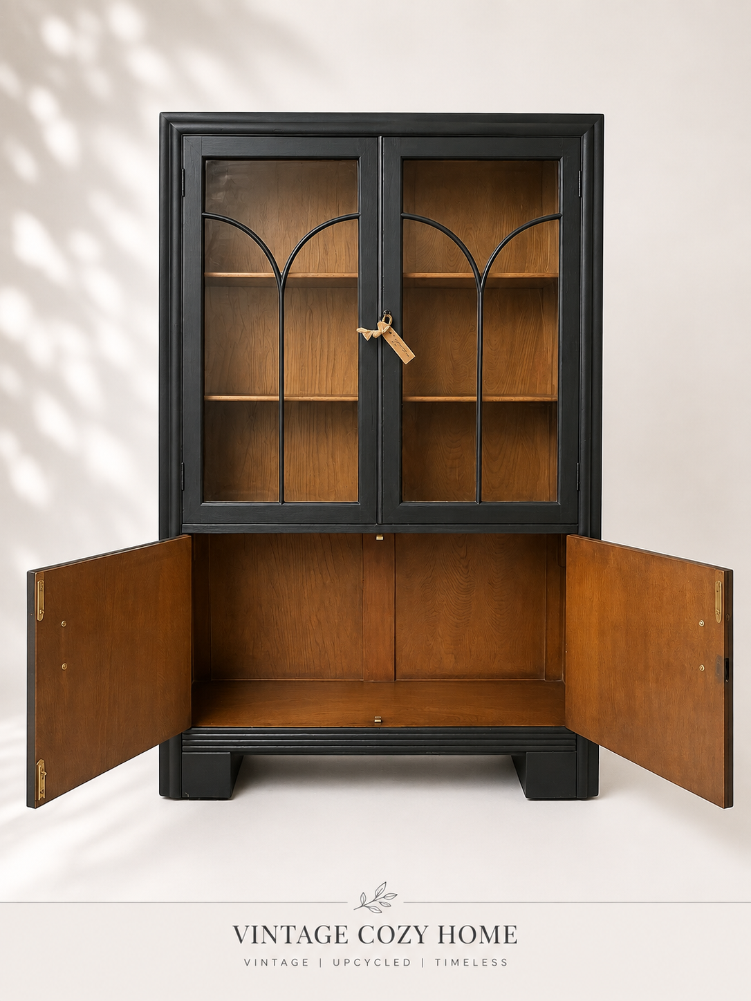 Vintage Art Deco Style Display Cabinet Black Bookcase Glazed Display Cupboard