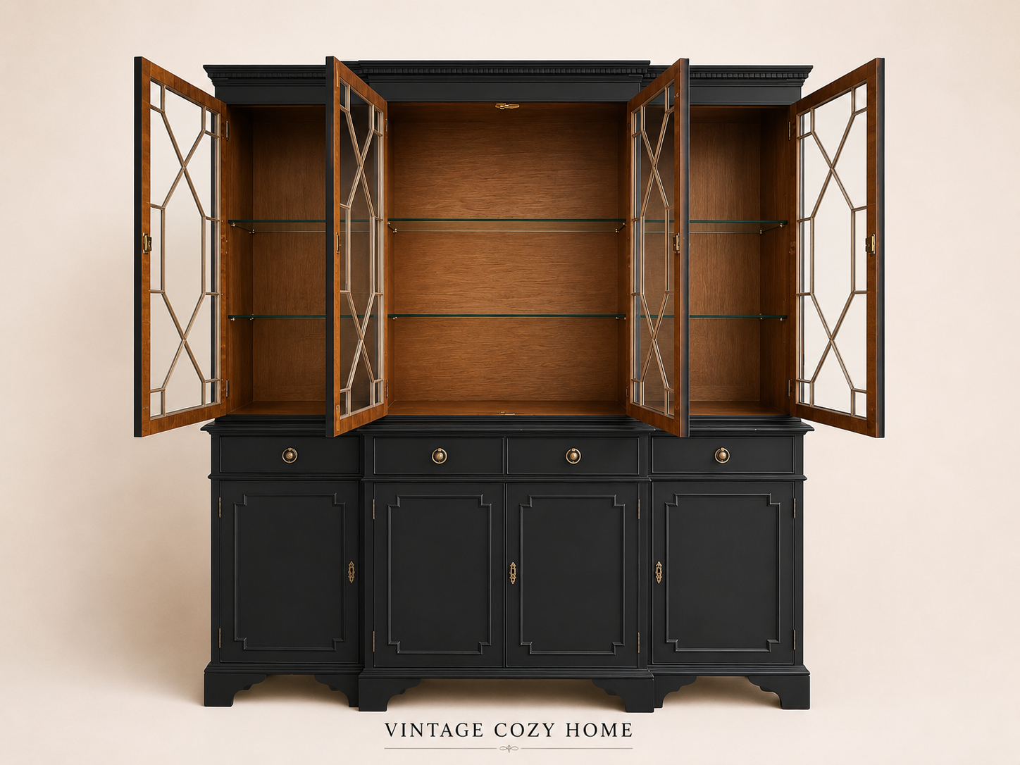 Black Regency Glazed Cabinet, 4 Door 4 Drawer Dresser