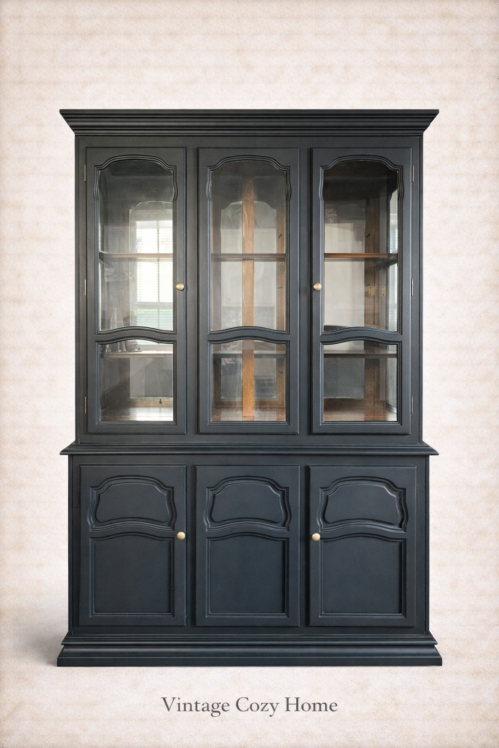 Upcycled Black Glass Display Cabinet, 3-Door China Cabinet