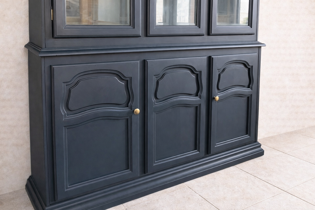 Upcycled Black Glass Display Cabinet, 3-Door China Cabinet